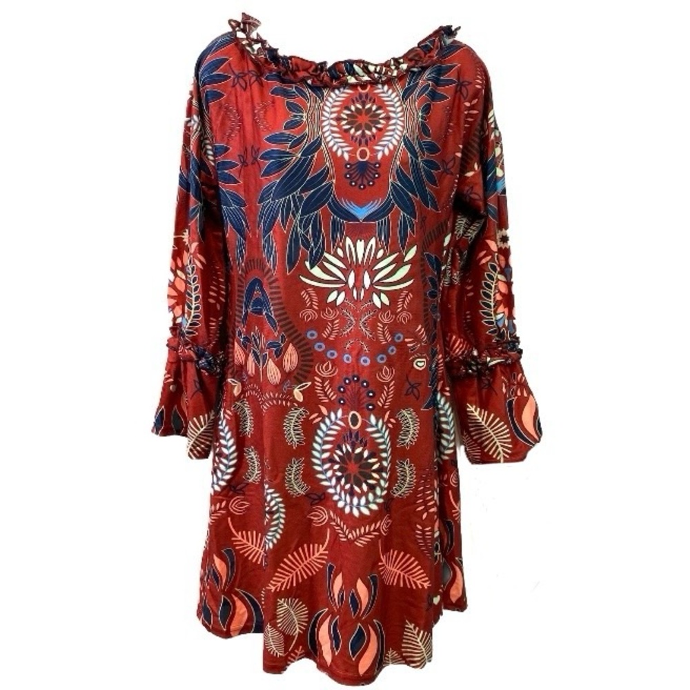 Reborn Dress Womens Dress Burgundy 70s Ruffle Sleeve Pockets Floral Sz M NWT